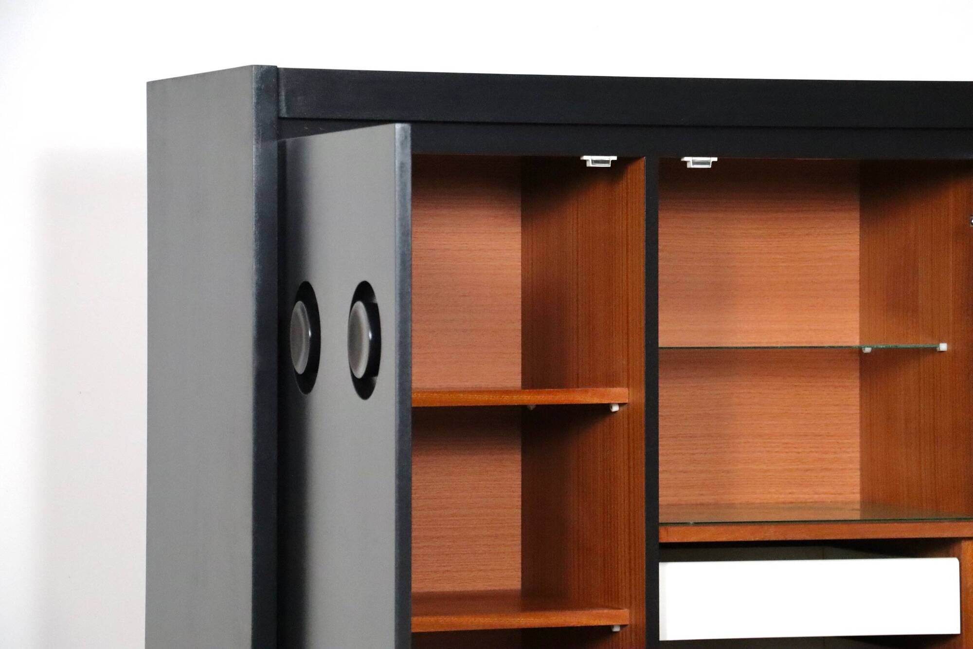 Midcentury Modern Brutalist Highboard Bar Cabinet In Black Lacquered Wood And Chrome, Belgium 1970s