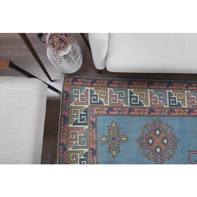 Vintage Turkish hand-knotted wool cotton blue area rug 170x259