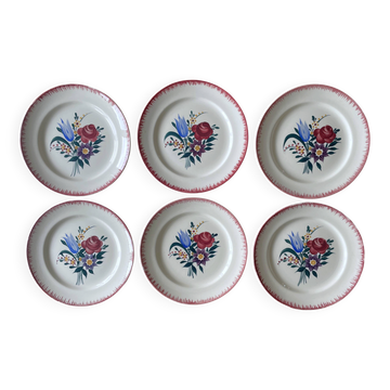 6 grandes assiettes plates anciennes en faïence de B.F.K.