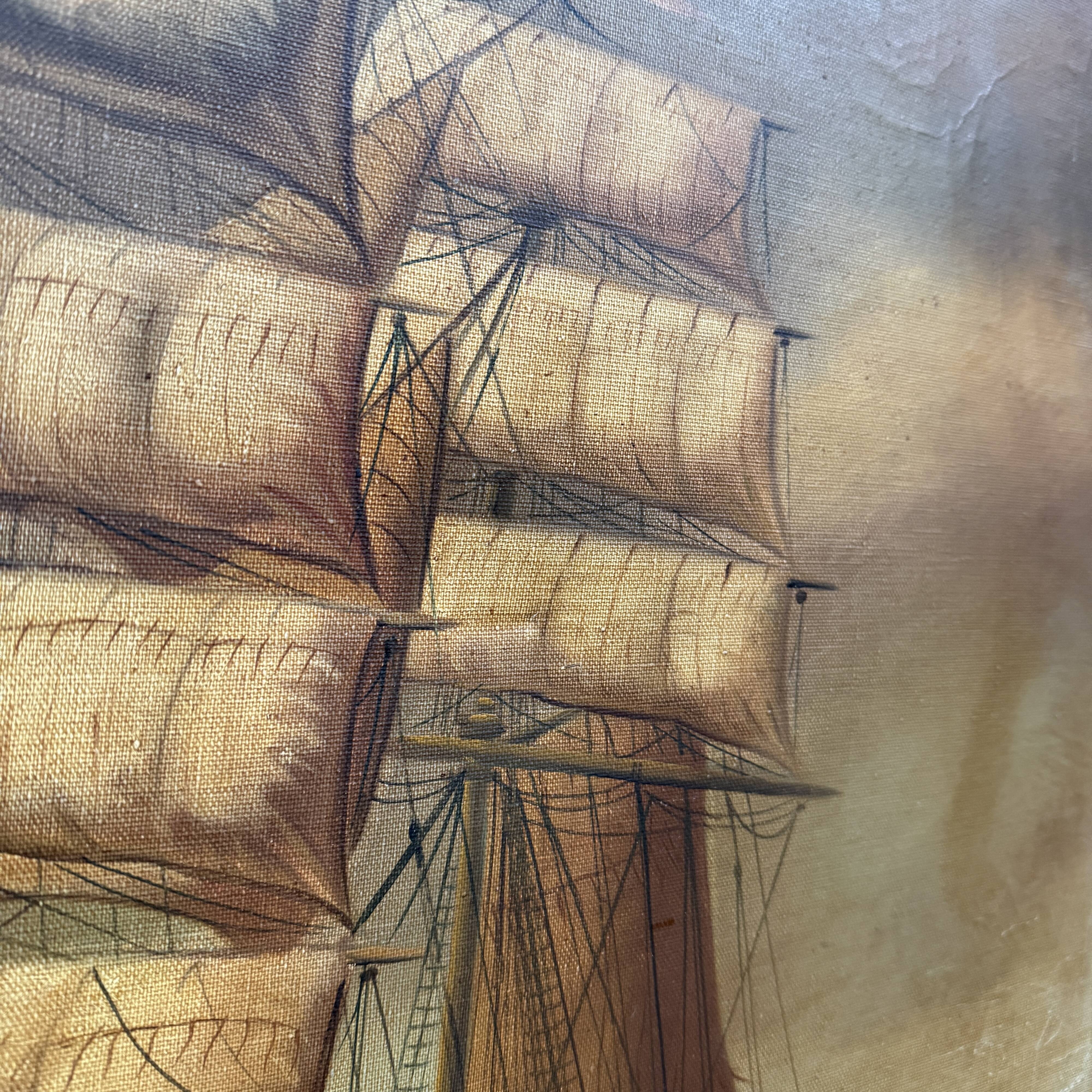 Large old oil painting of a ship