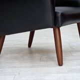 1970s, Danish highback armchair, black artificial leather, teak wood legs.