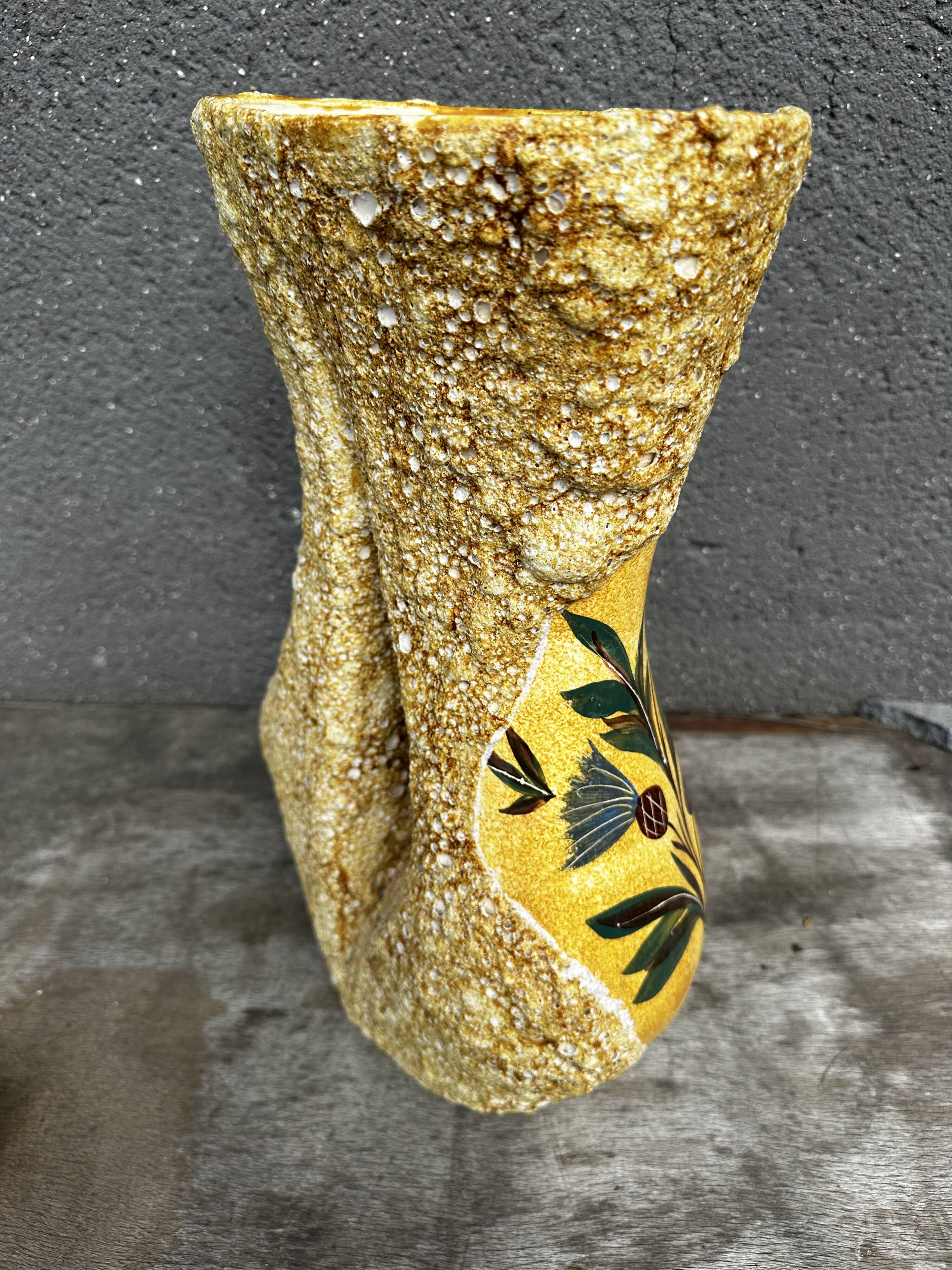 Large Glazed Ceramic Vase with Floral and Fat Lava Decor - Vallauris