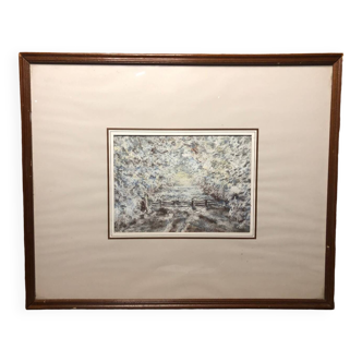 Painting j. garelli winter landscape 01/86 under glass + wood frame