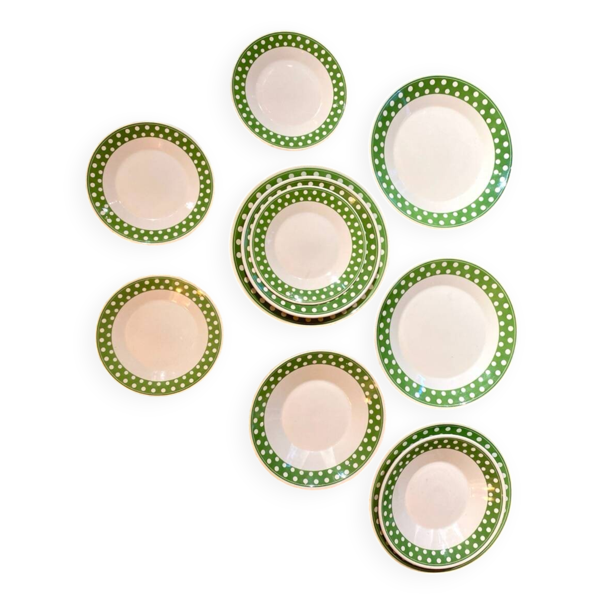Set of 12 antique polka dot plates for 4 people