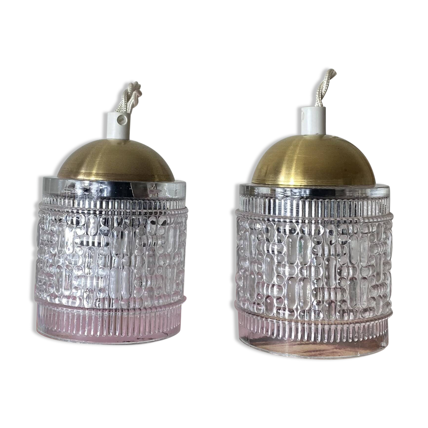 Pair of small portable tulip lamps in transparent glass.