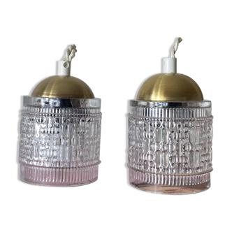 Pair of small portable tulip lamps in transparent glass.
