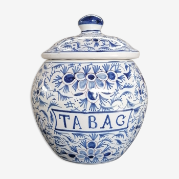 Colorful ceramic pot marked "Tobacco"