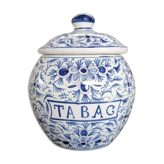 Colorful ceramic pot marked "Tobacco"