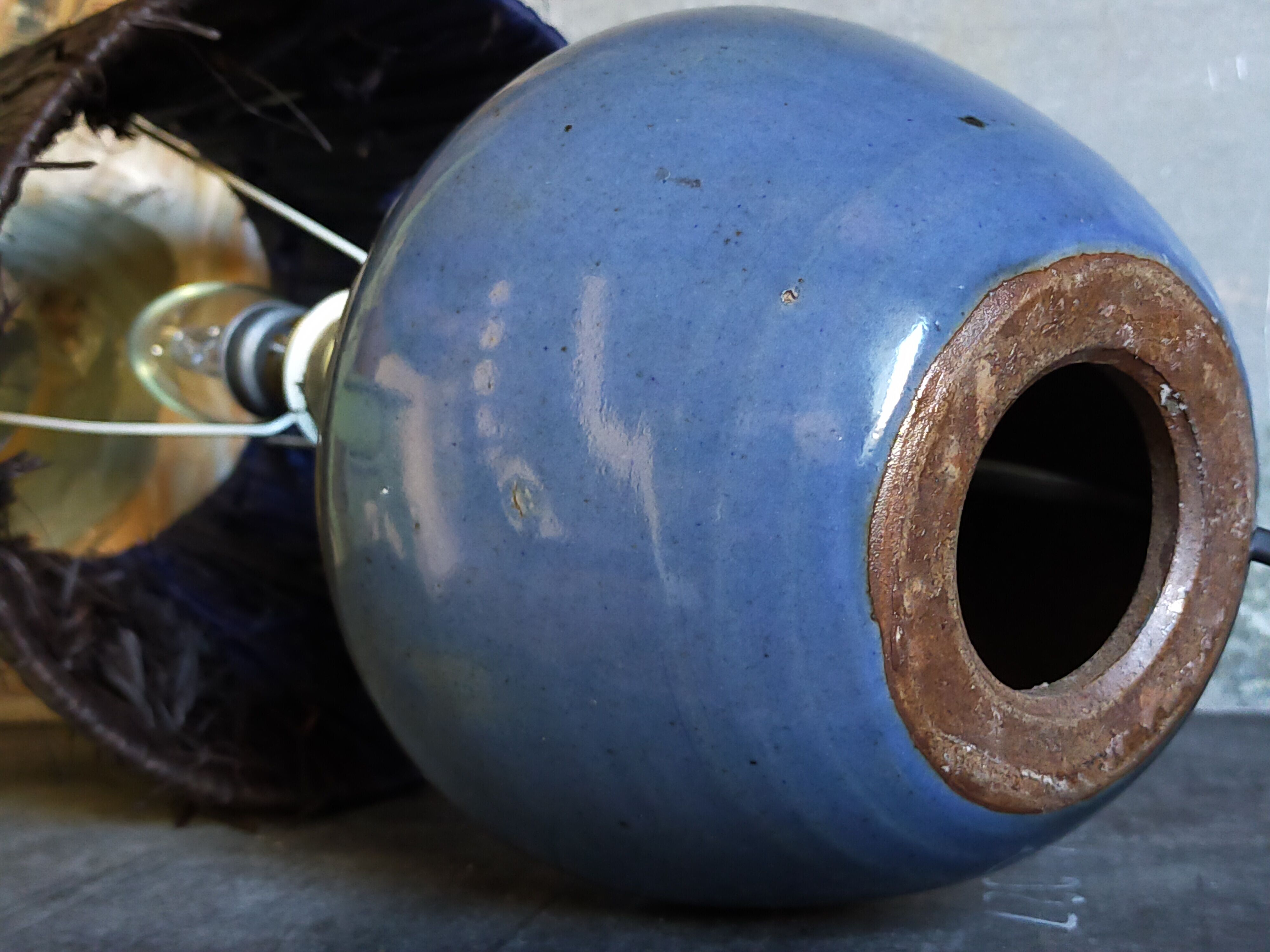 Vintage potter's ceramic table lamp, raffia lampshade