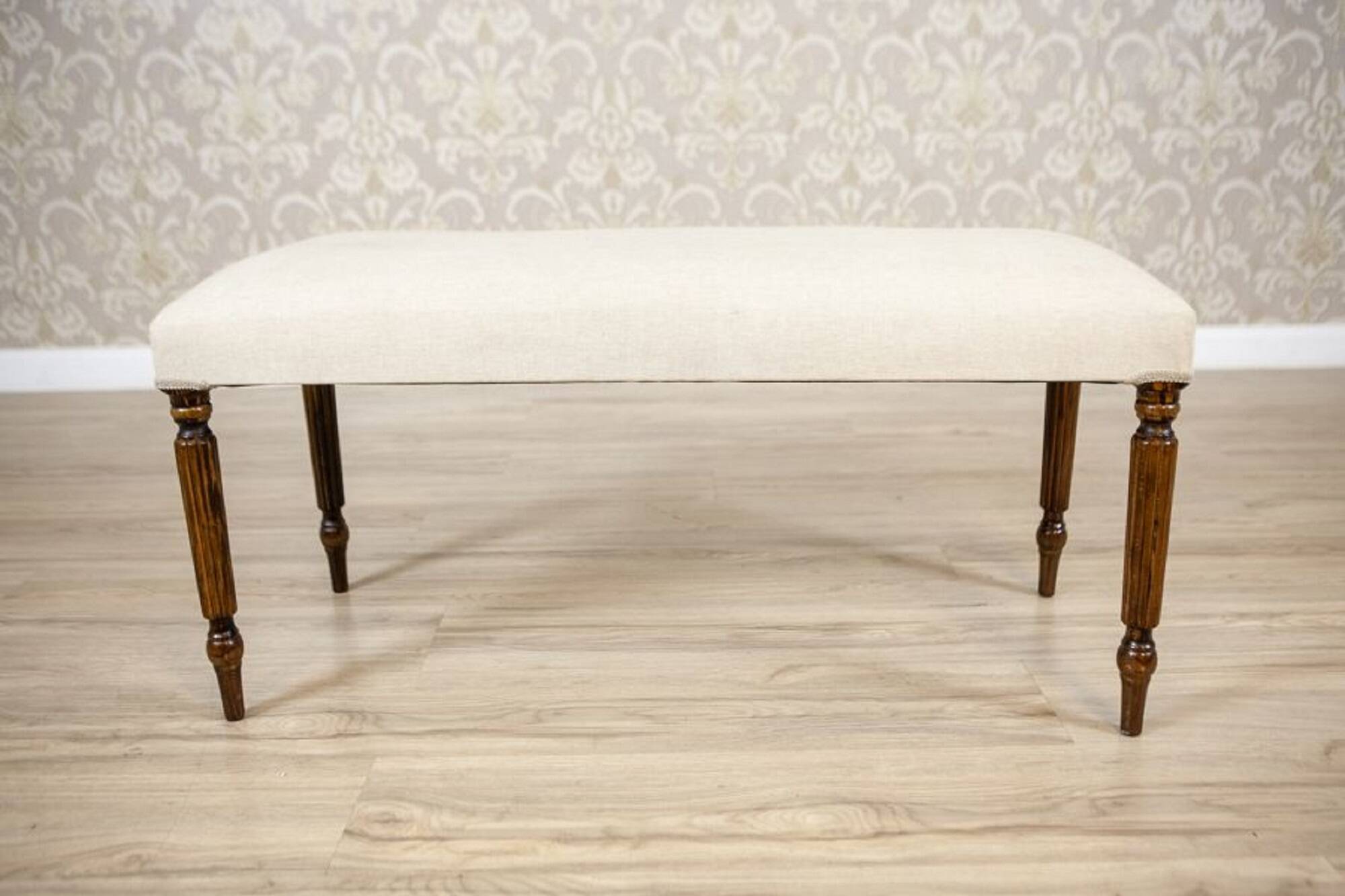 Mid-Century Neoclassical Louis XVI Style Bench with Cream Upholstery and Fluted