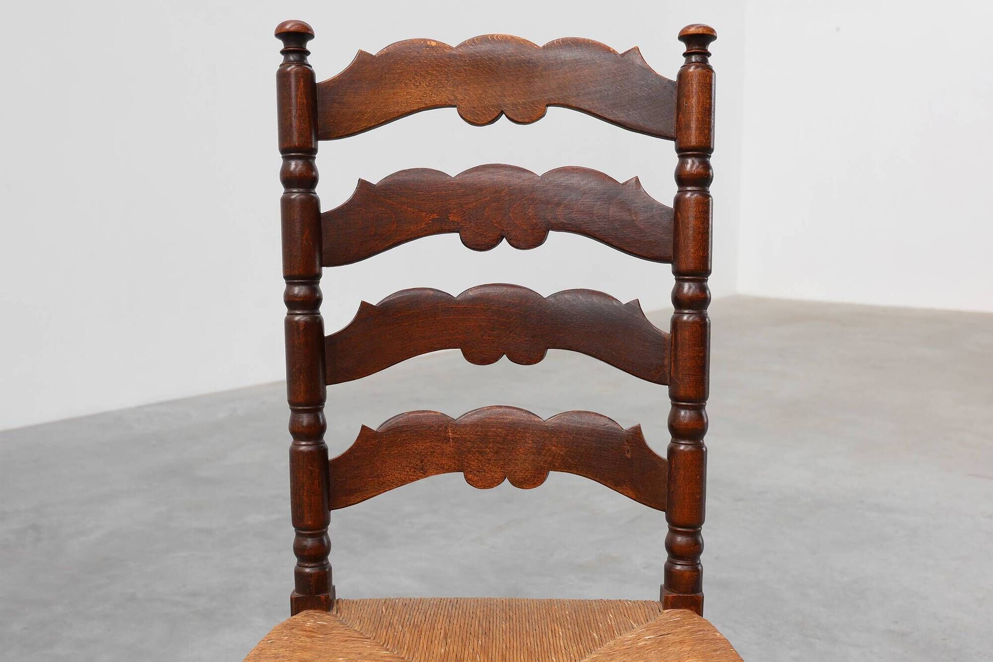 Rustic Oak Ladder-Back Chair with Rush Seat and Cabriole Front Legs, France