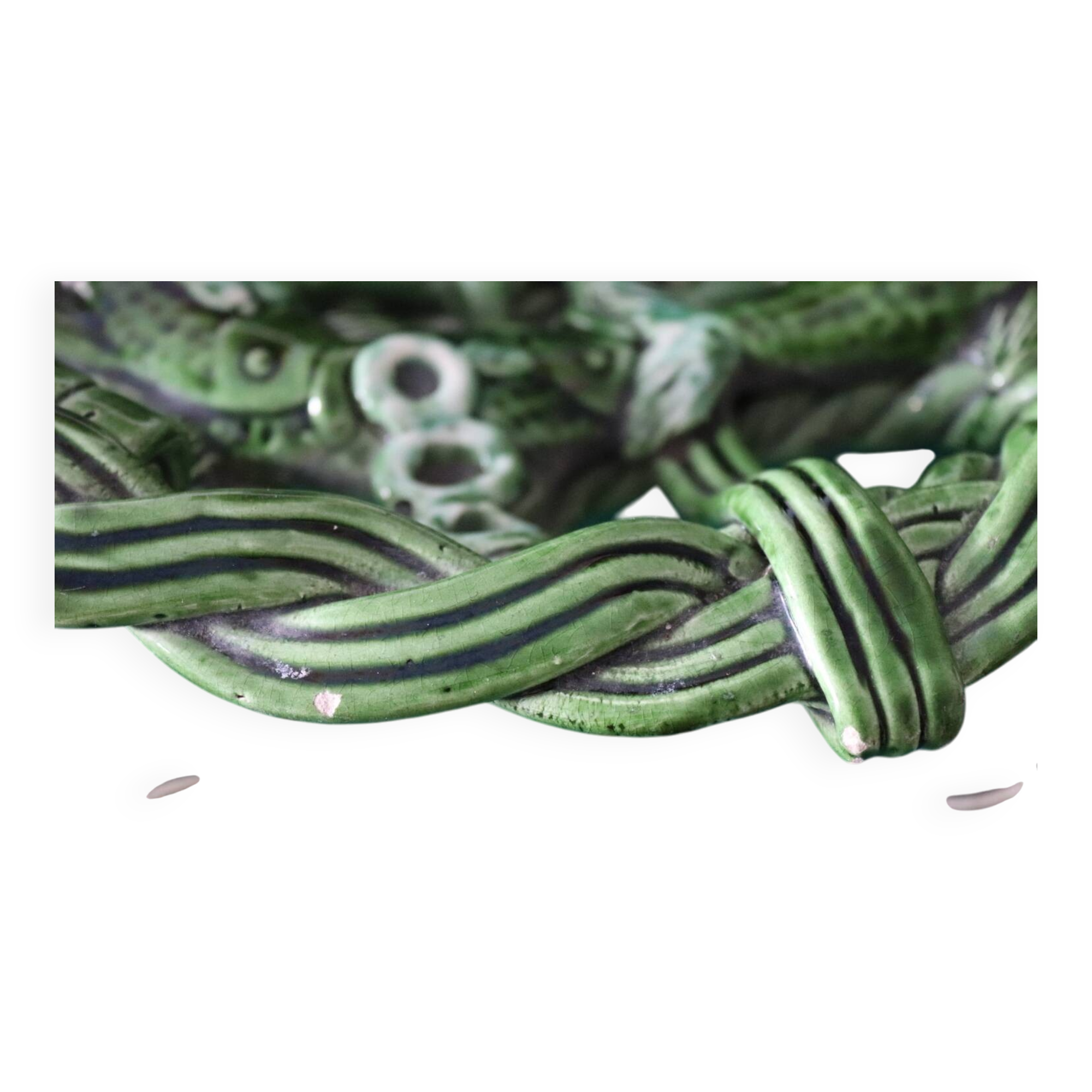 Antique woven basket in green glazed ceramic, fish decoration