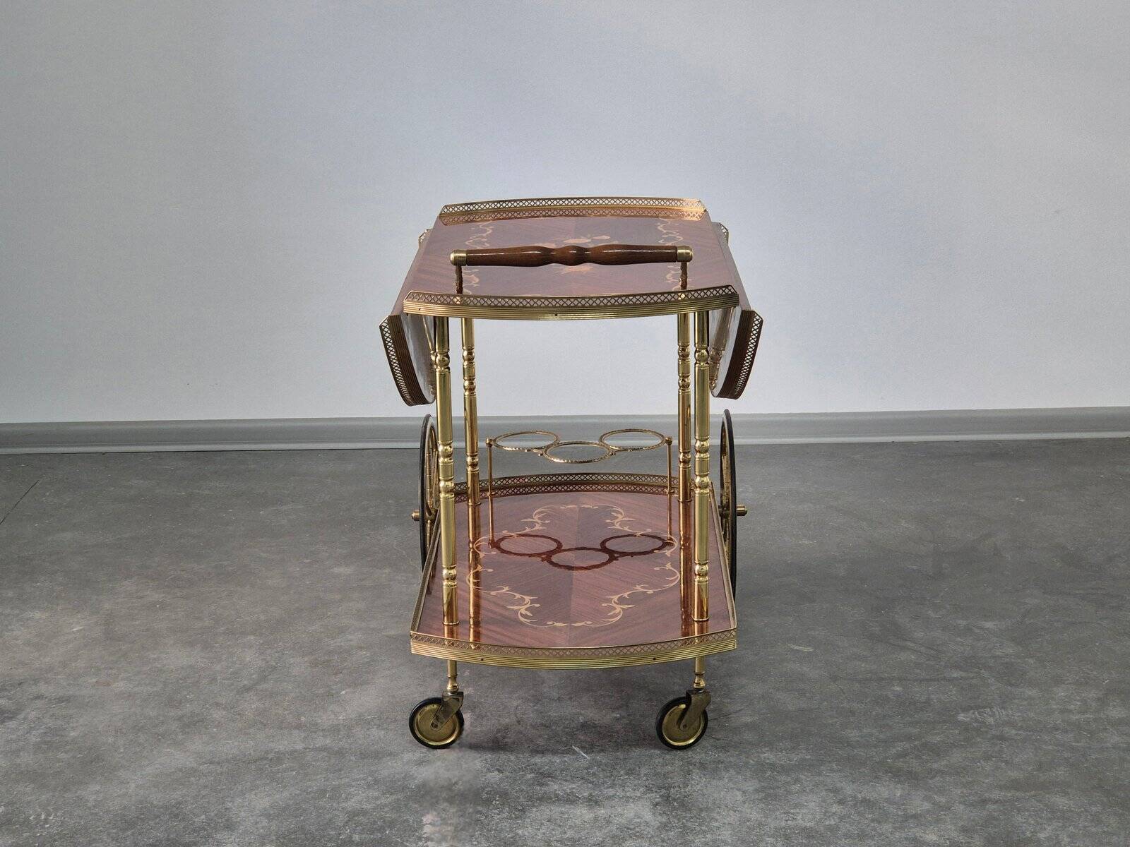 1970s drinks bar cart with side flaps in marquetry