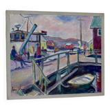 Swedish Mid-Century Oil On Canvas Painting "Harbour" by Lasse Wagner