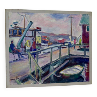 Peinture à l'huile sur toile suédoise du milieu du siècle « Port » de Lasse Wagner