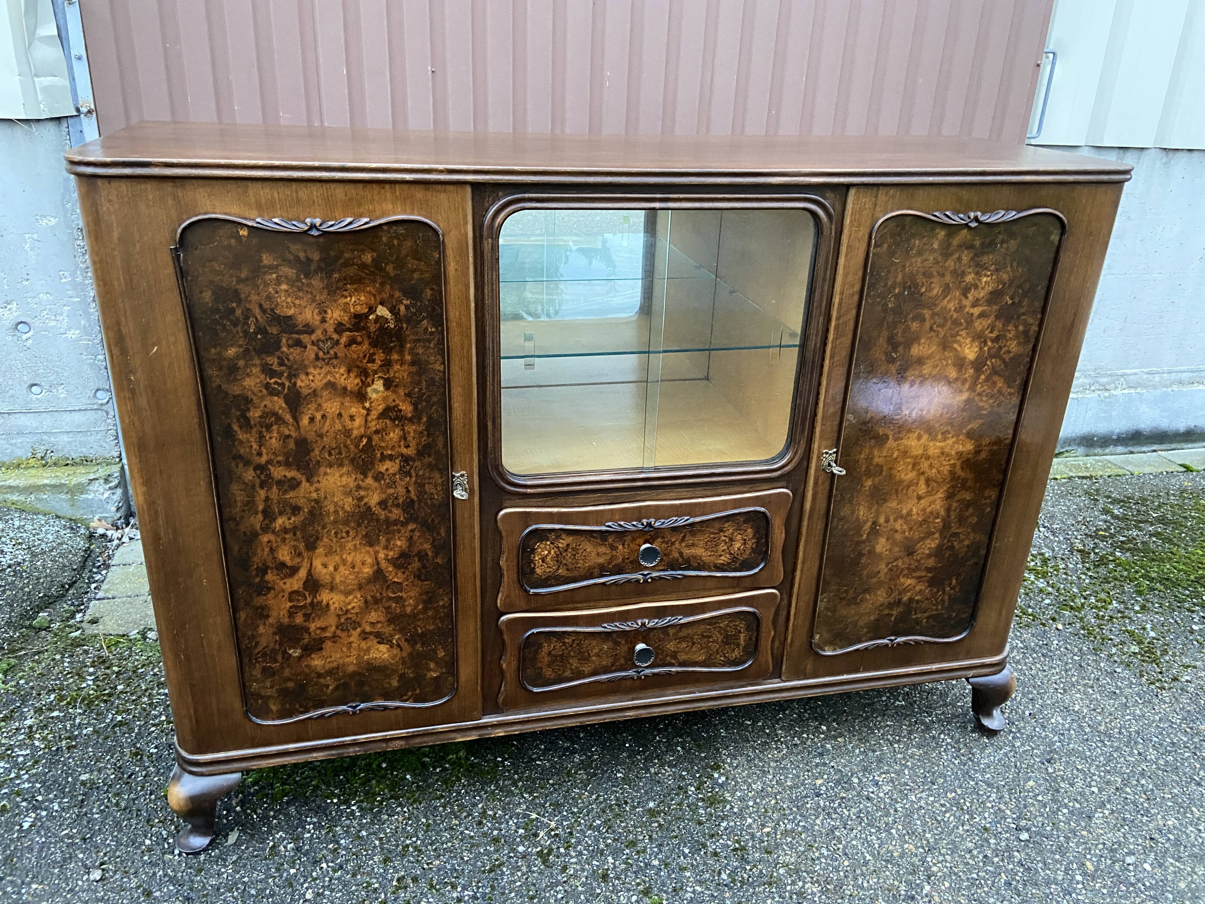 Art deco Chippendale sideboard Mid-century vintage 1950 Burl walnut