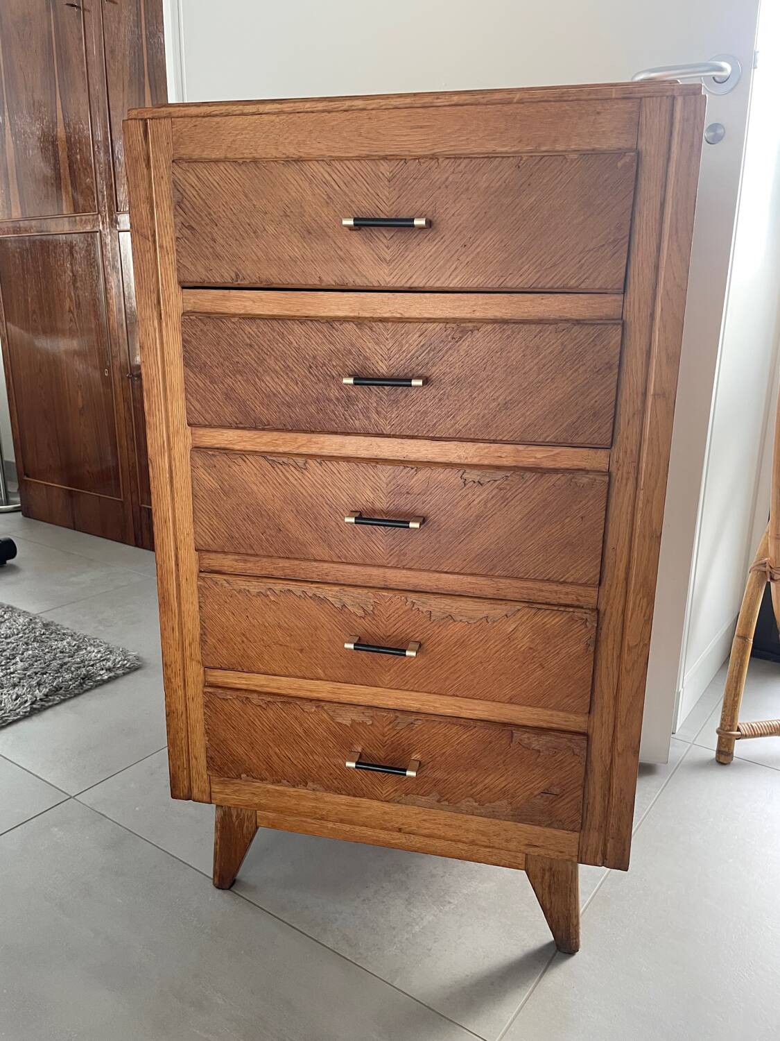 High chest of drawers with 5 drawers, vintage oak, 1950s