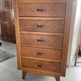 High chest of drawers with 5 drawers, vintage oak, 1950s