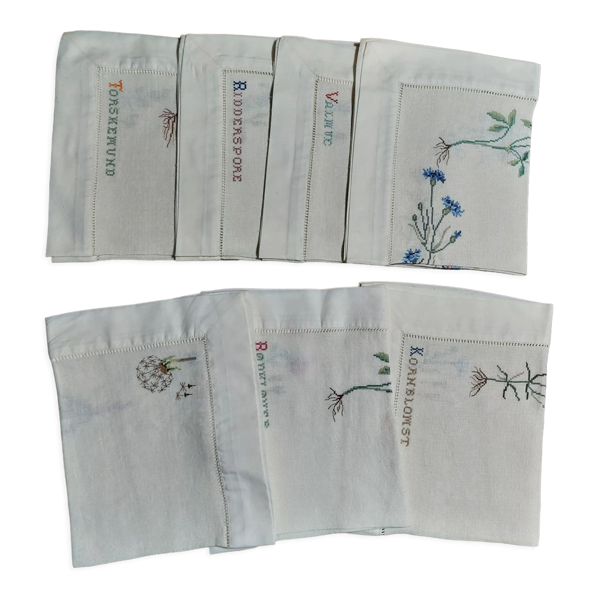 Embroidered placemats in vintage linen field flowers series of seven
