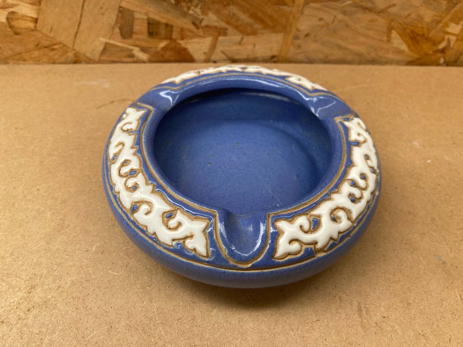 Antique Blue Glazed Ceramic Ashtray White Relief Decor Vintage
