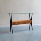 1950s Italian ebonized console table with glass top & lattice basket