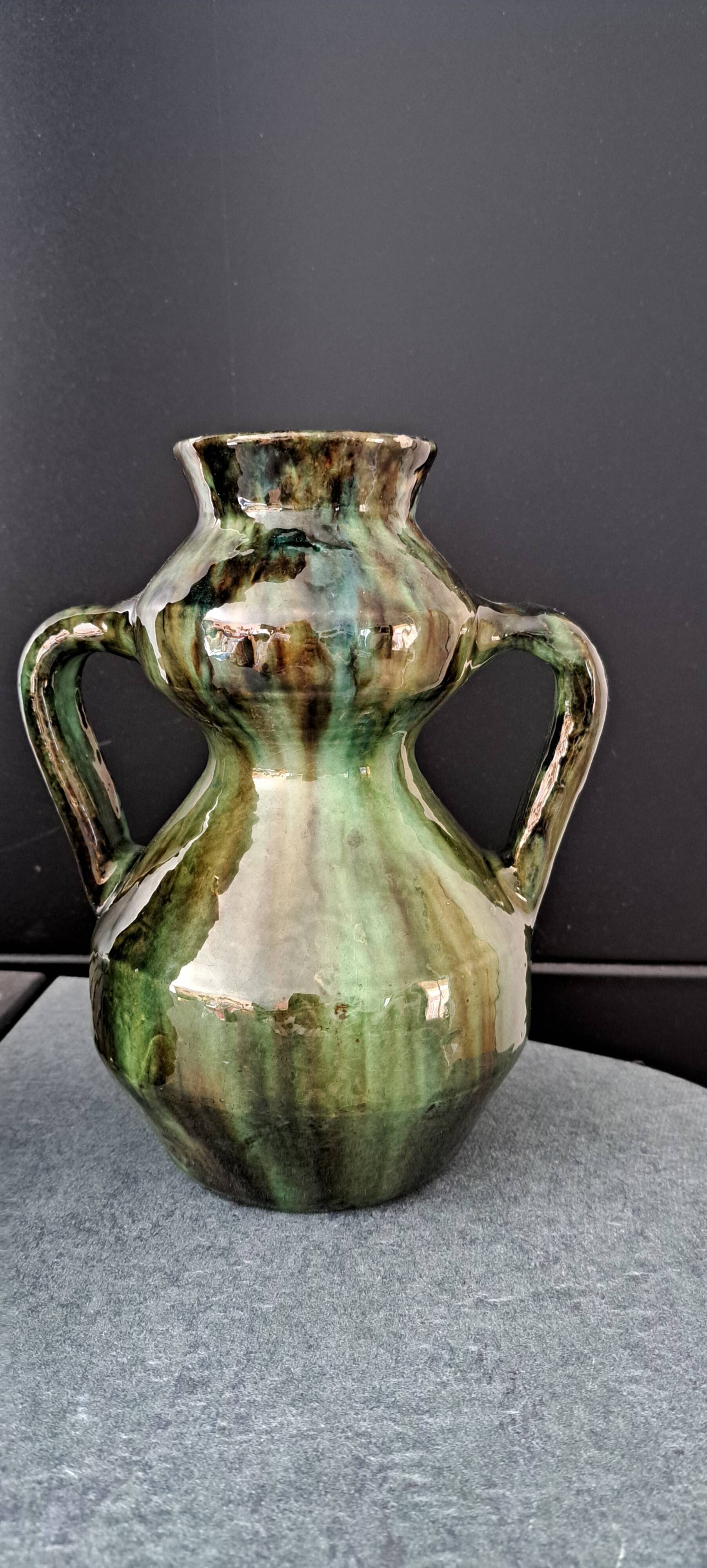 Art Deco Amphora Vase Ceramic Thulin Style (Belgium) Flamed Jasper Decor