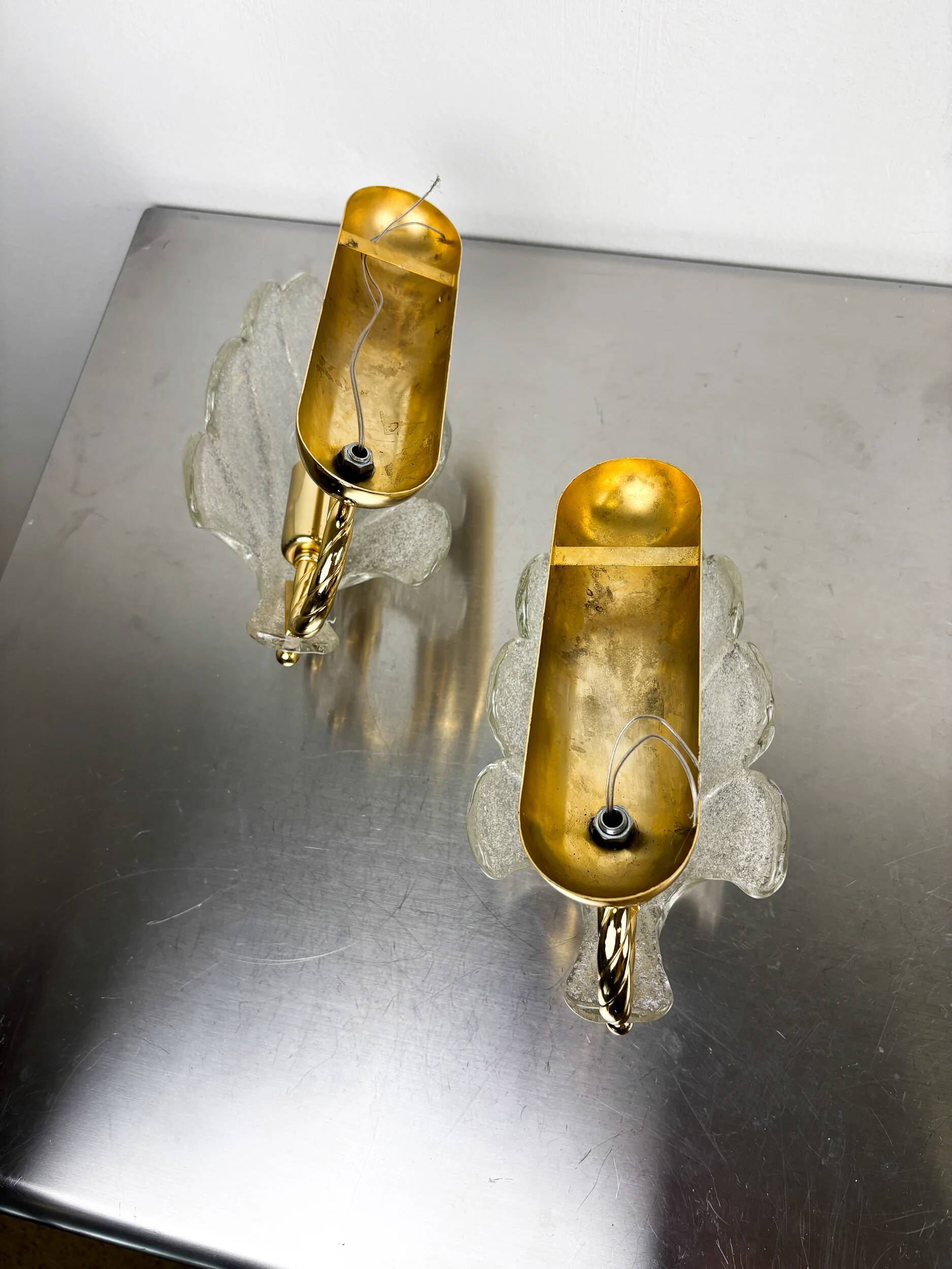 Pair of Murano frosted leaf sconces, textured glass & gilt brass, Italy, 1970s