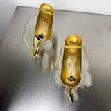 Pair of Murano frosted leaf sconces, textured glass & gilt brass, Italy, 1970s
