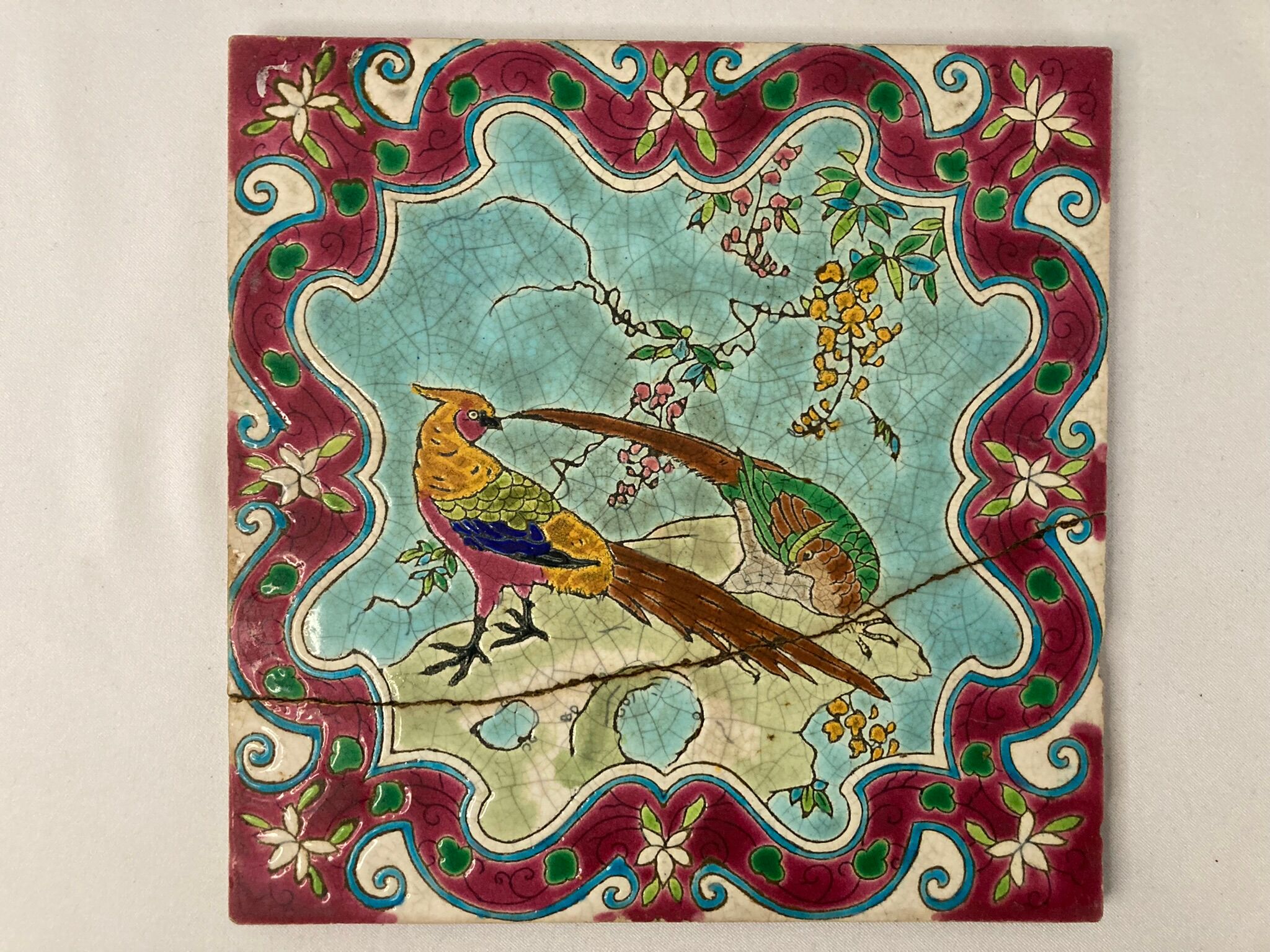 Gien old tile wall tiles decoration pheasant birds XIXth