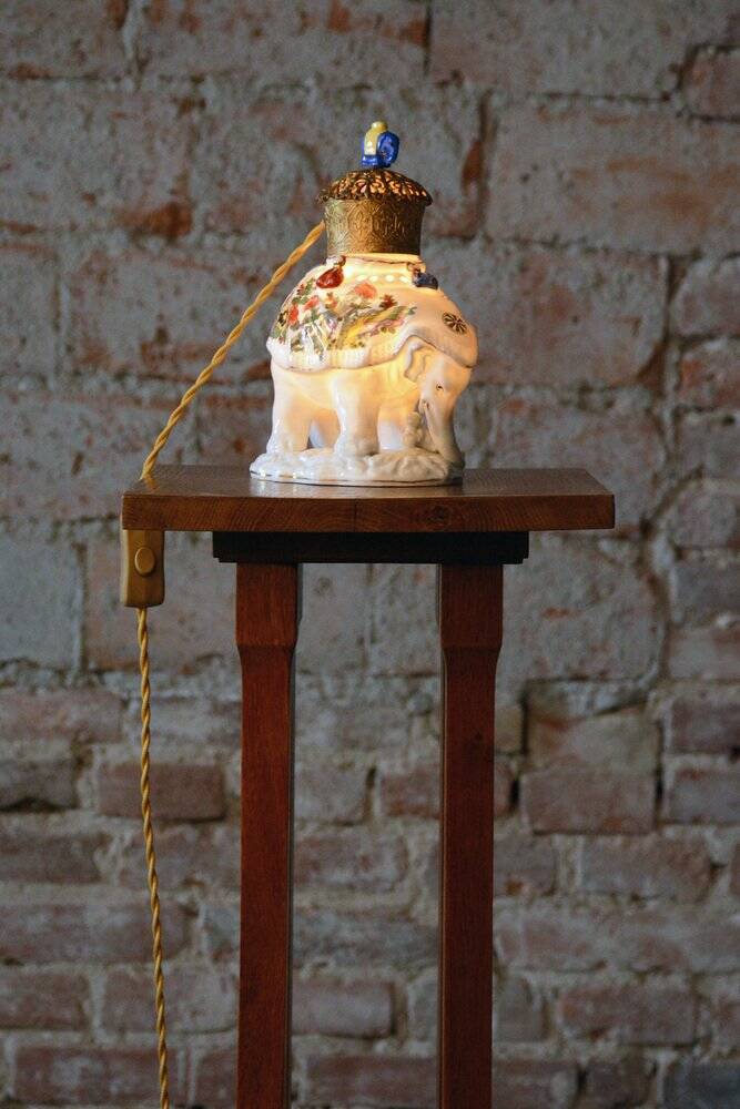 Asian Table Lamp in Brass and Porcelain, India, 1970s