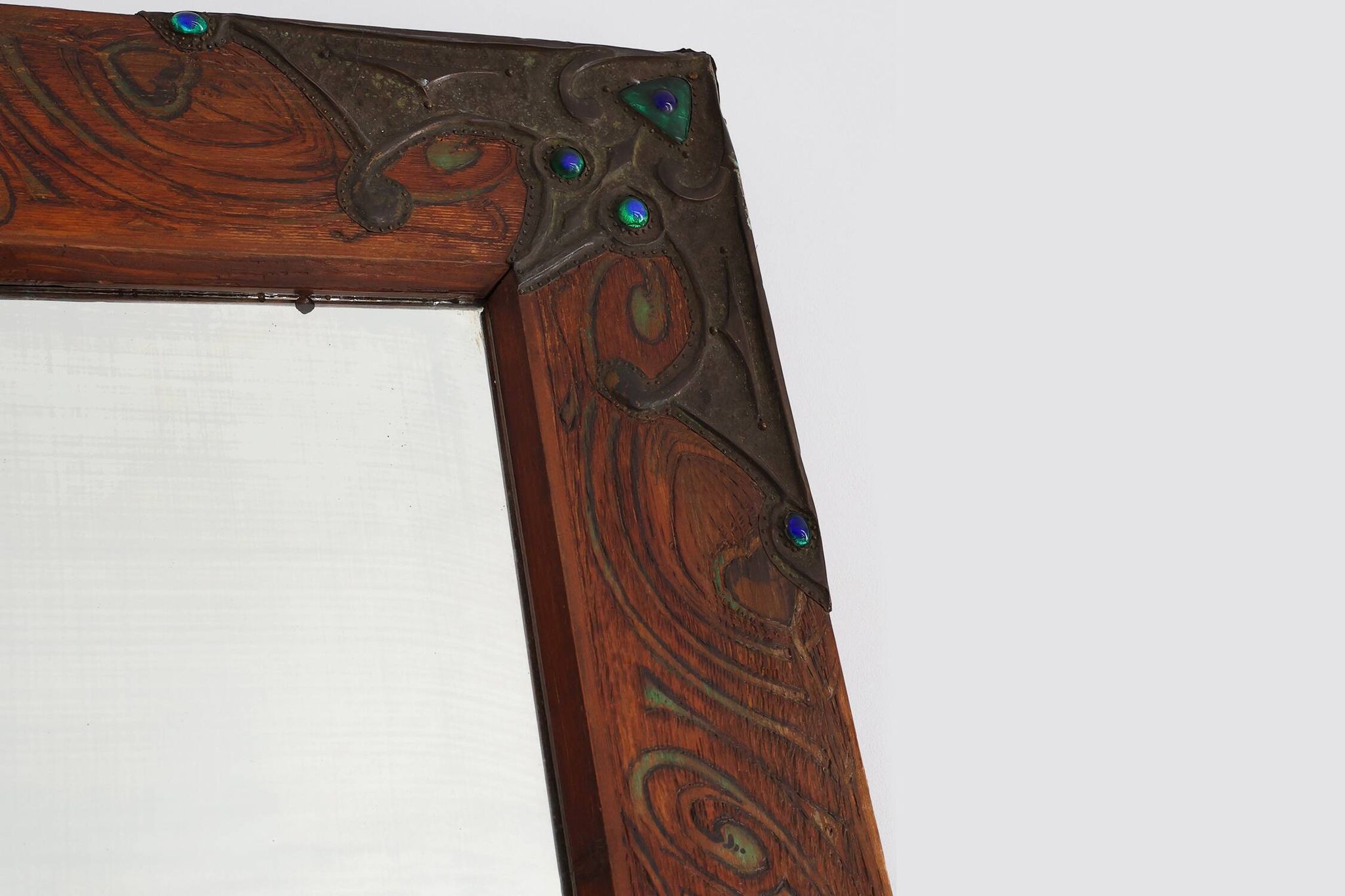 Art Nouveau mirror with hand painted peacock decoration, France ca. 1915