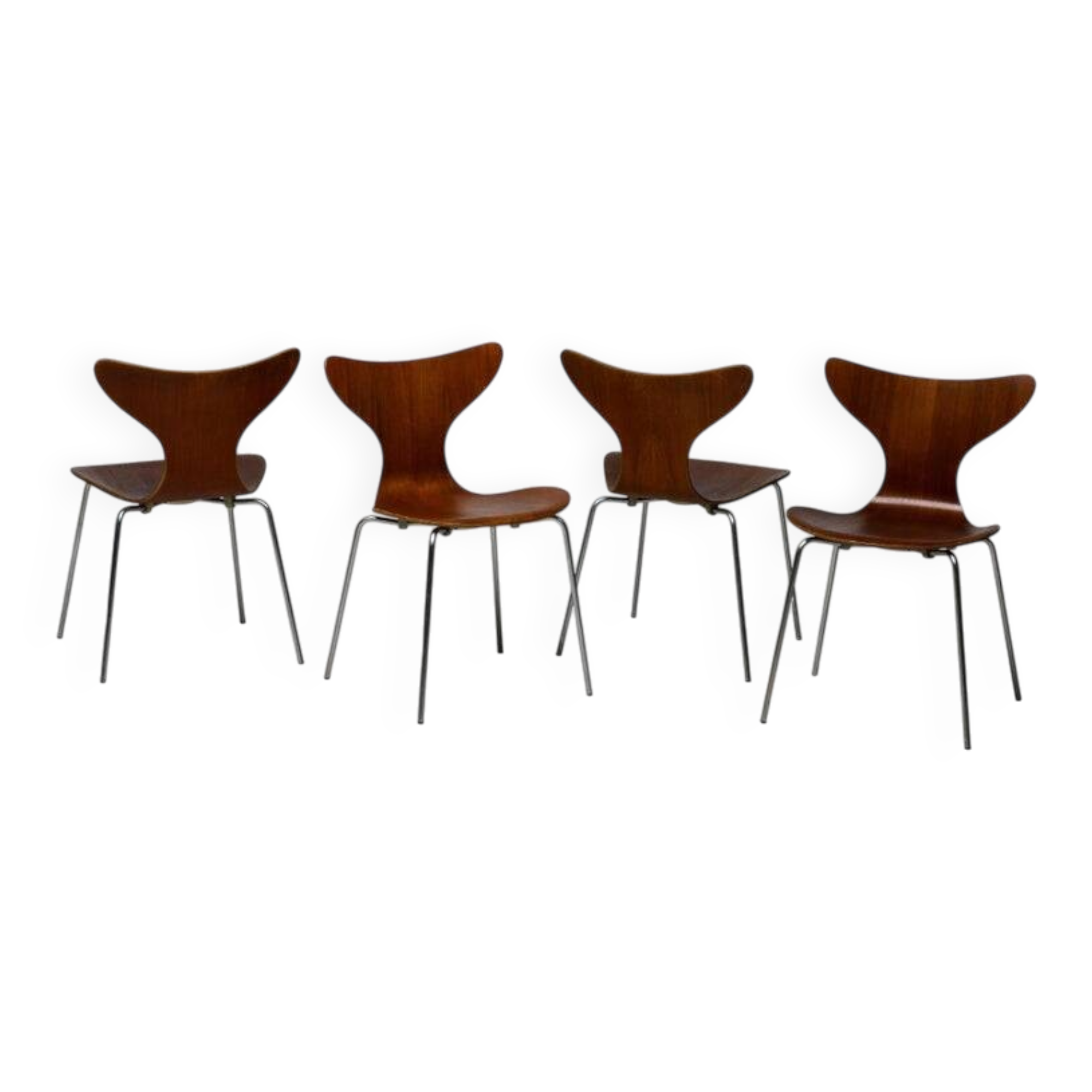 Set of four “Lily” chairs by Arne Jacobsen for Fritz Hansen, teak, Denmark, 1971