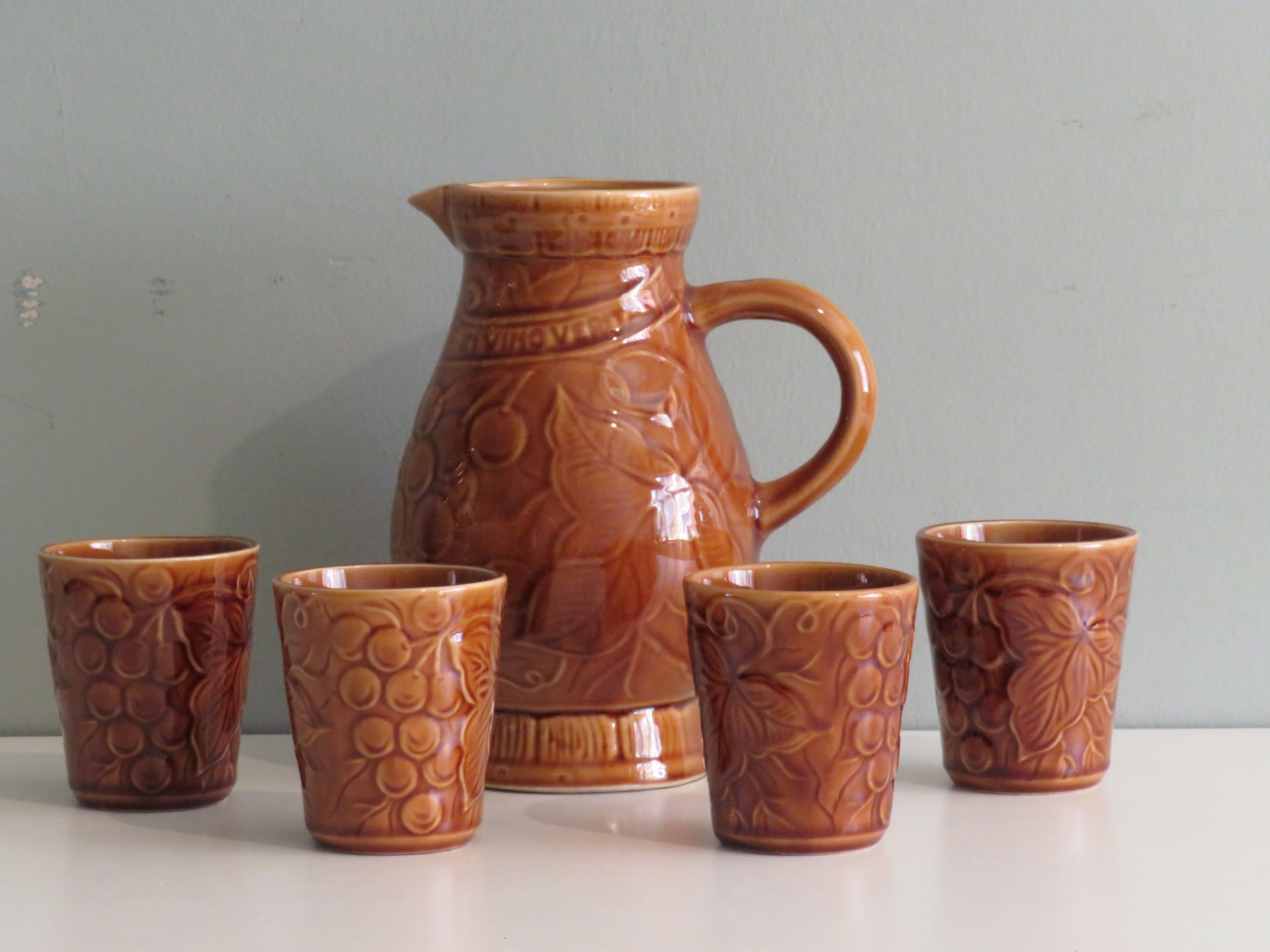 Sarreguemines pitcher and goblets, France 1970s