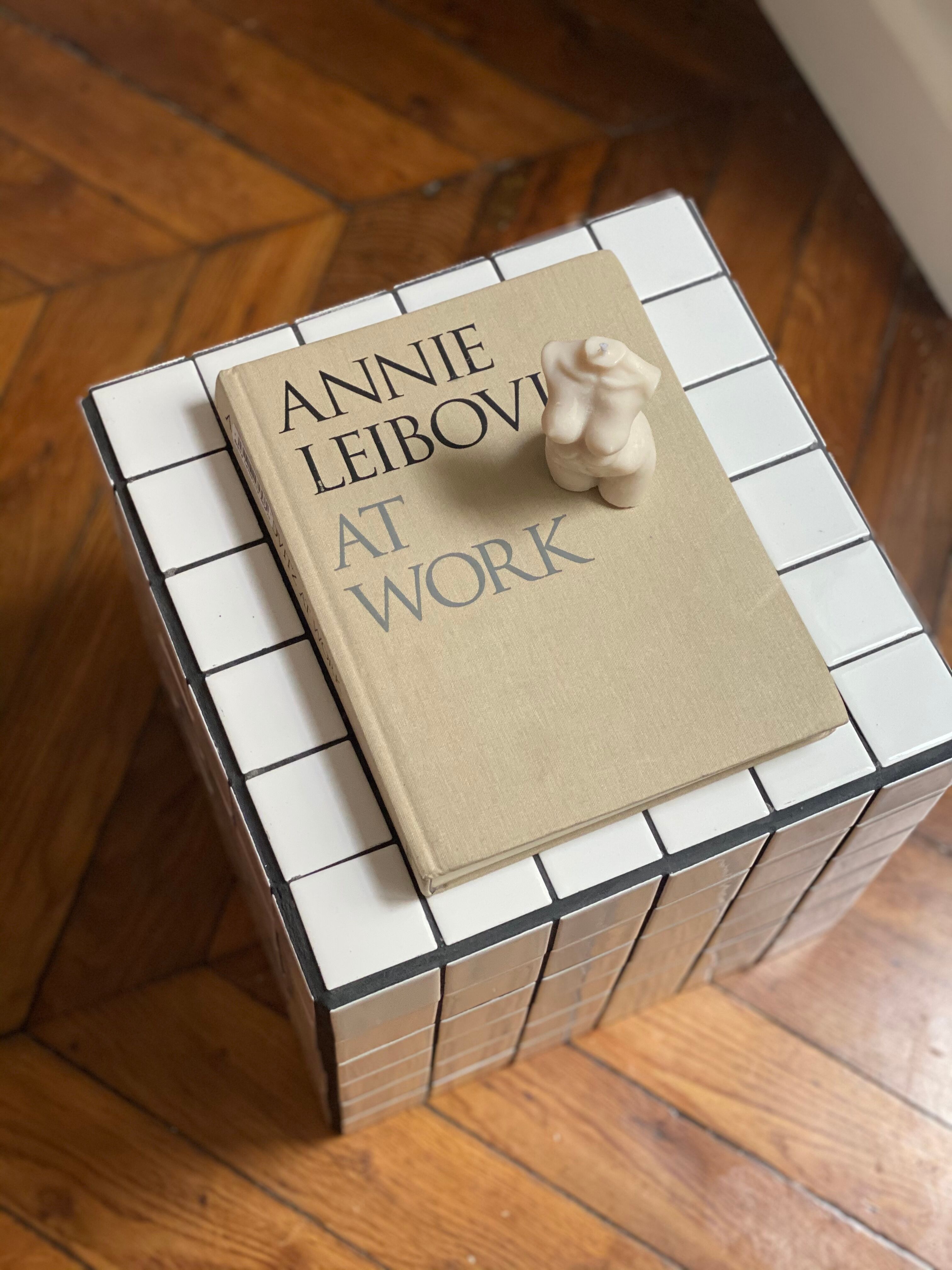 Checkerboard cube bedside table tiled white retro black tile