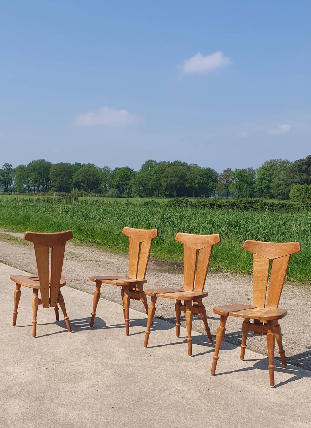 Set 4 Brutalist sculptural vintage oak cafe dining chair 1960s
