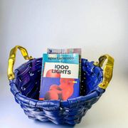 Brutalist large basket by David Marshall, cobalt blue rattan & bronze handle, 1980s