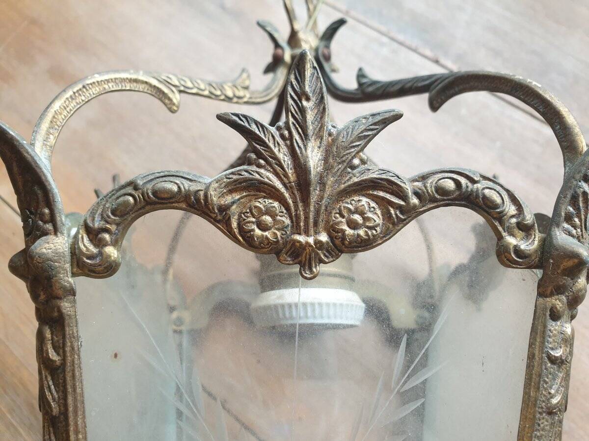 Small chandelier / lantern in bronze with etched glass - Louis XV style