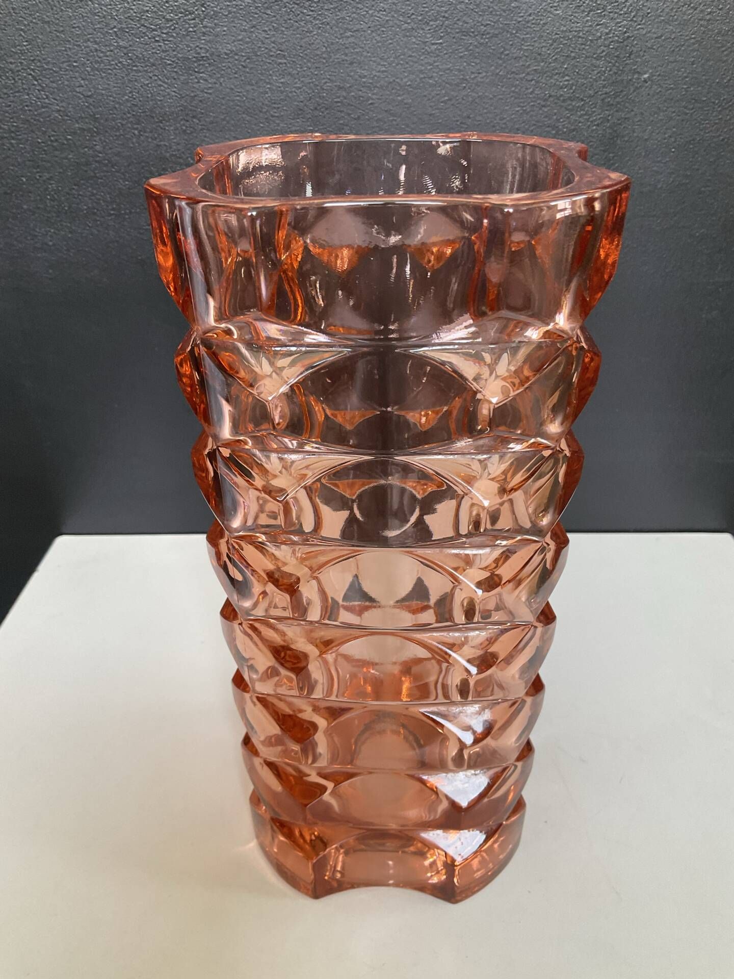Large Art Deco vase in moulded pink Rosaline glass