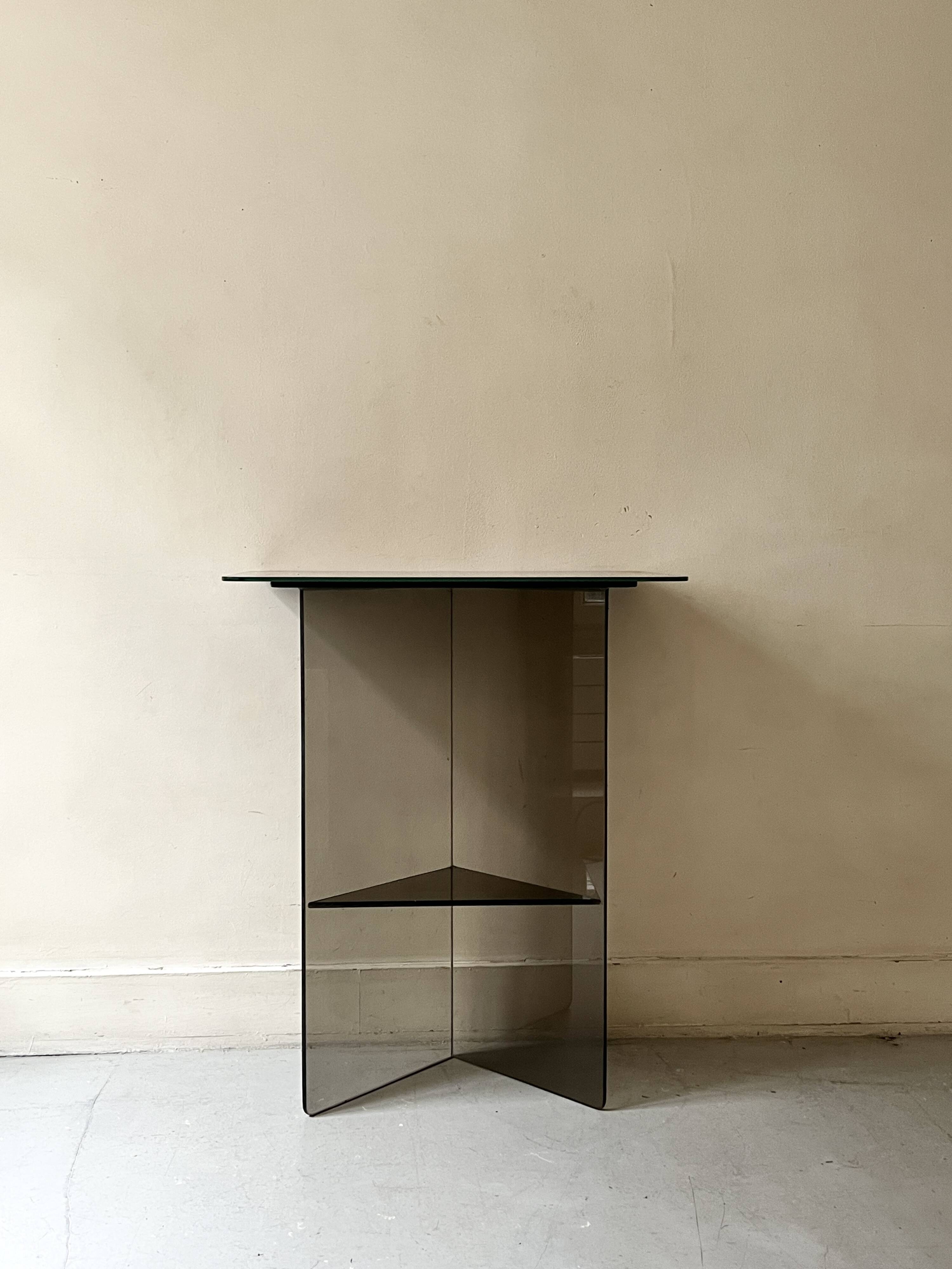 Vintage console in smoked glass and textured organic brown, 70s design.