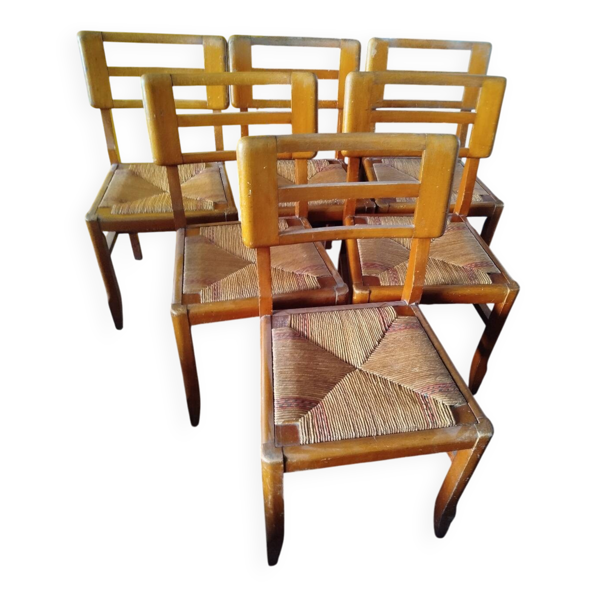 Set of 6 vintage straw chairs – Pierre Cruège – 1950s