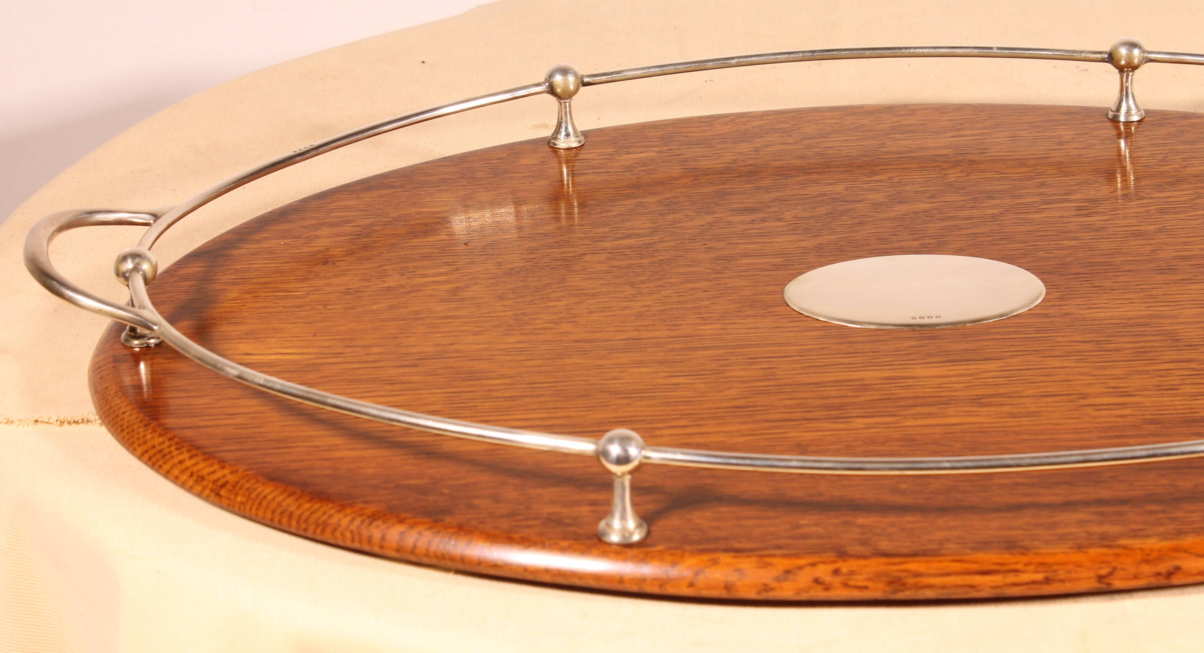 19th century silver-plated metal and oak tray