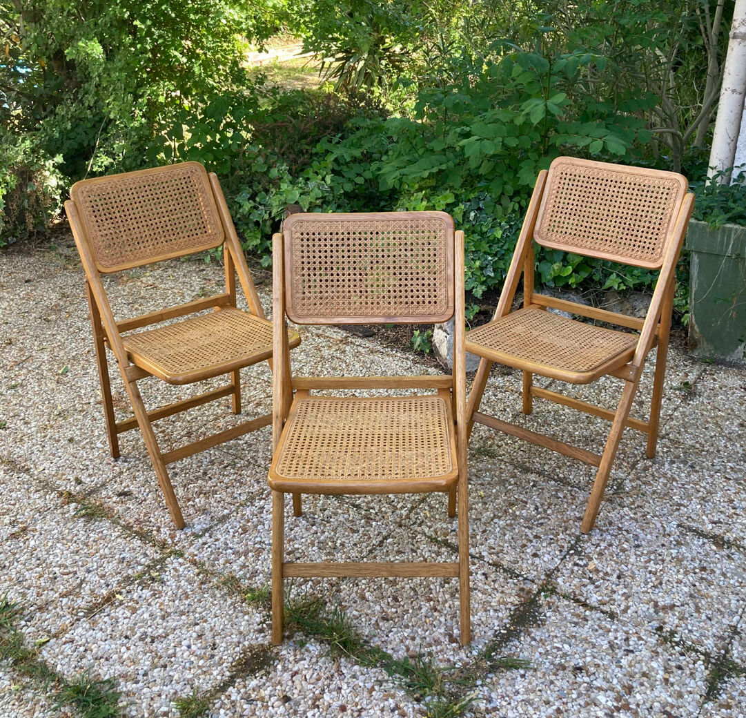 Lot de 3 chaises pliantes en bois et cannage
