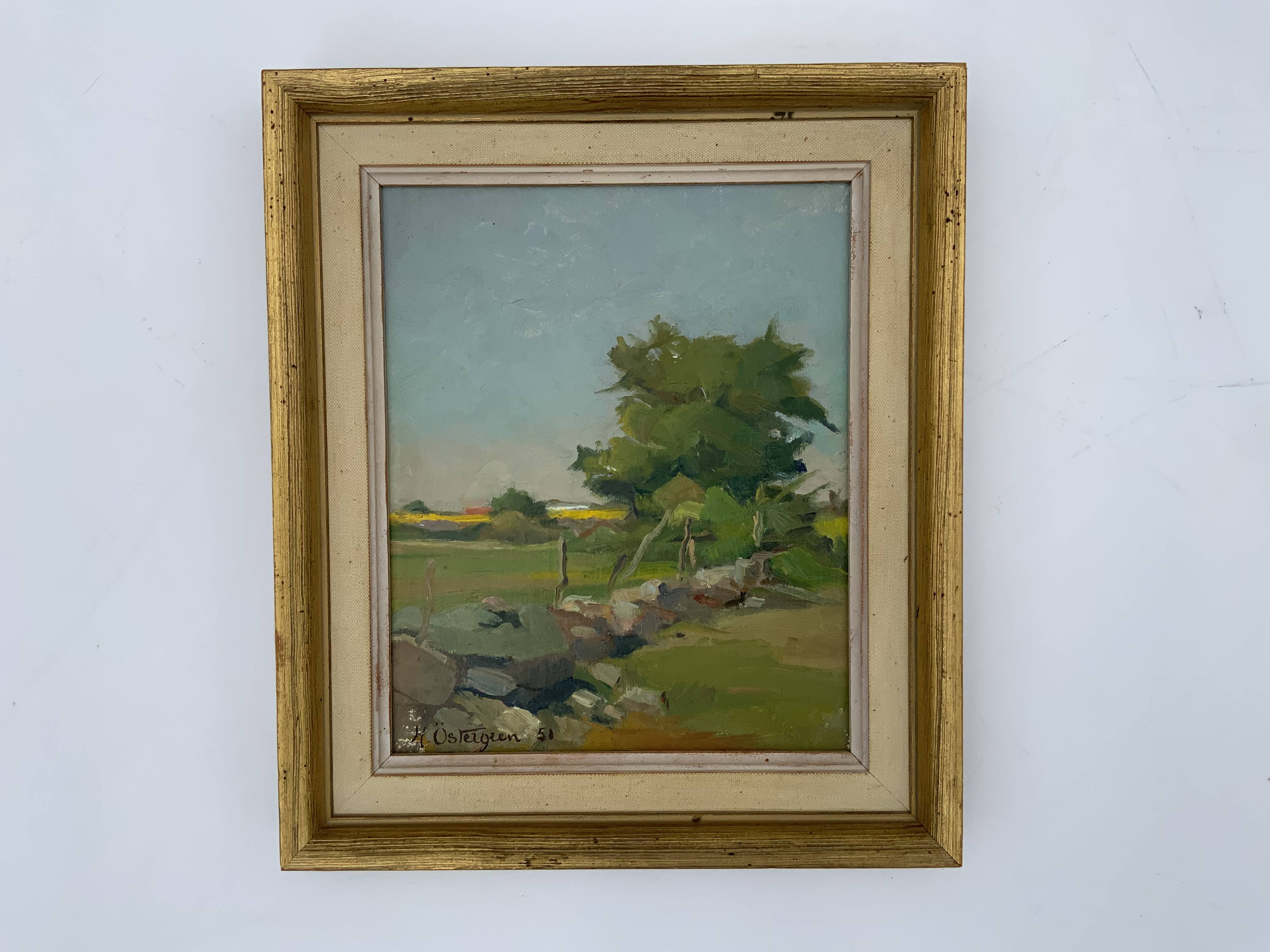 Vintage Modernist Landscape Scene Oil Painting H. Ostergren 1951