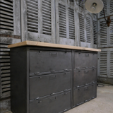 Military furniture metal console with wooden top and 6 drawers