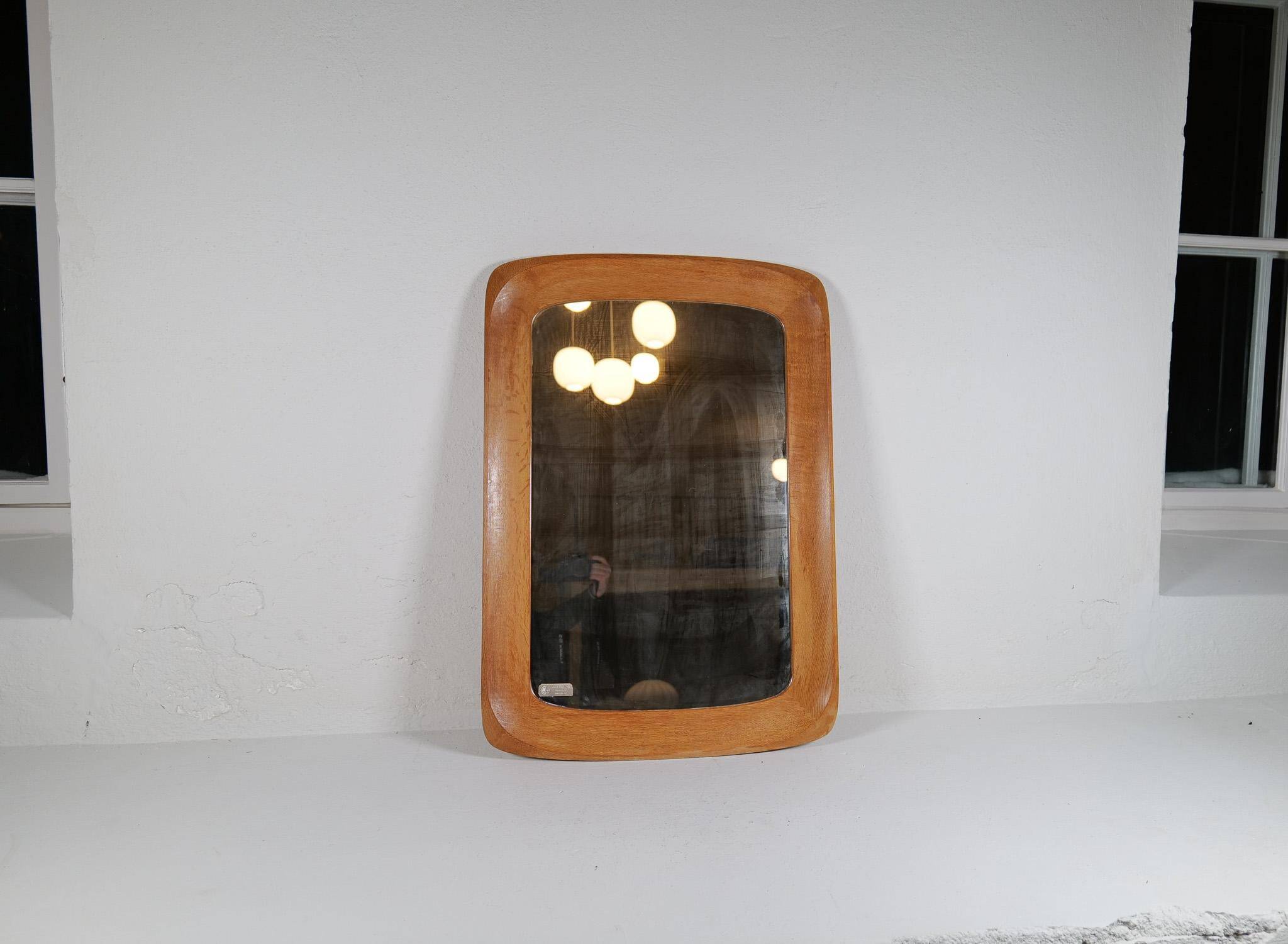 Mid-century modern sculptural wall mirror, oak, crystal glass, Glas & Trä, 1960s