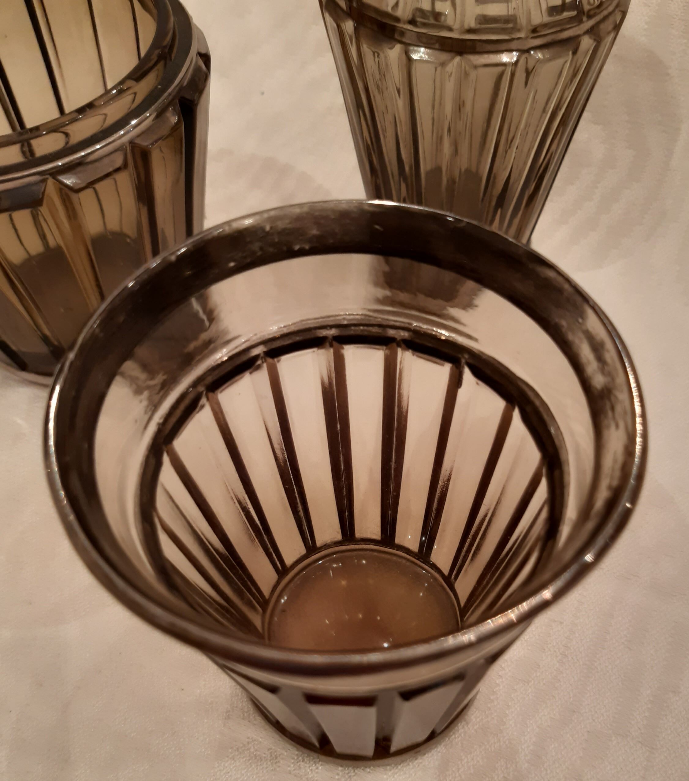 Carafe, glass and pot Portieux in smoked glass and silver art deco