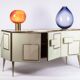 Geometric sideboard in glass and gilded brass. Contemporary Italian work.