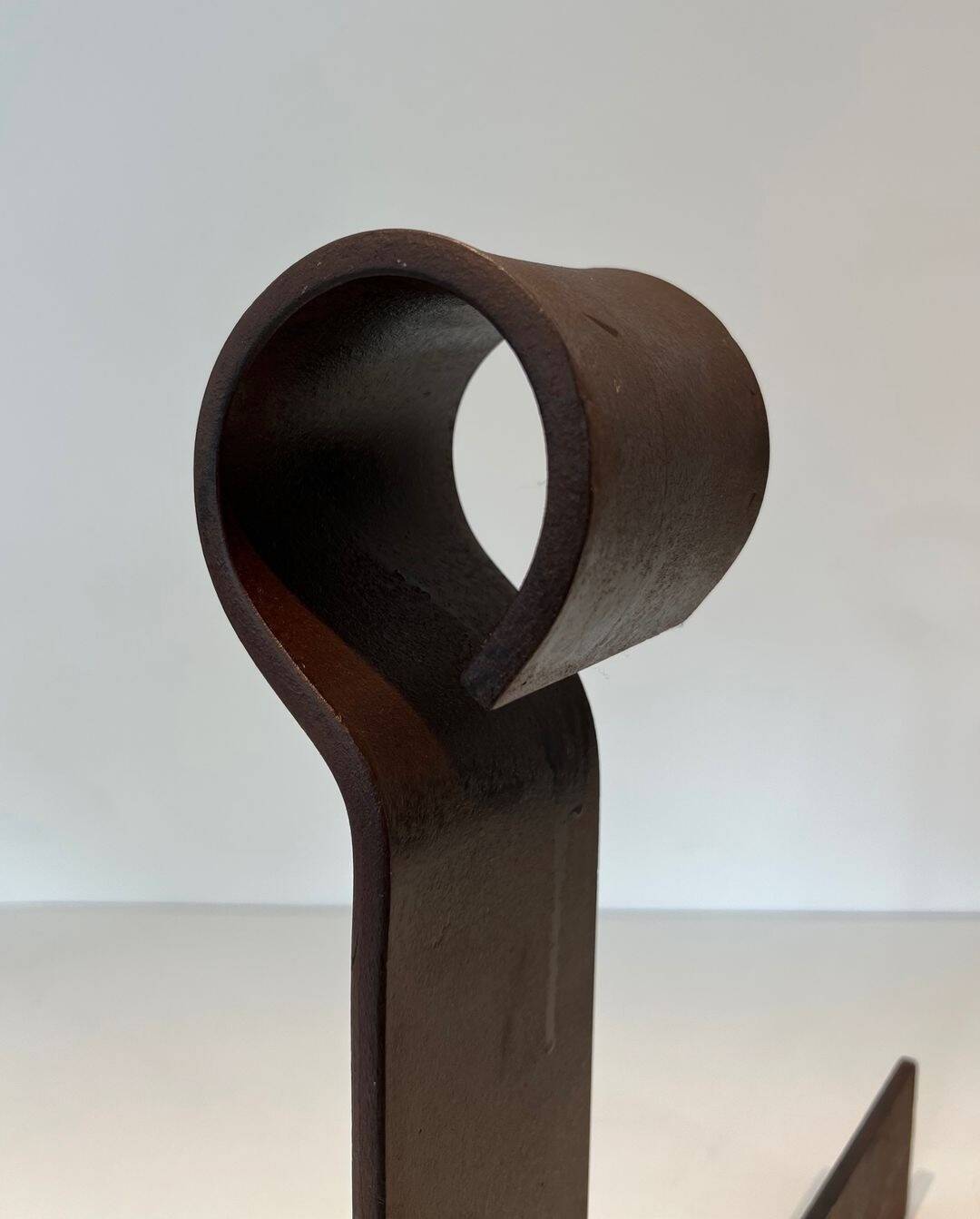 Important Pair of Modernist Wrought Iron Andirons with Ring Finials