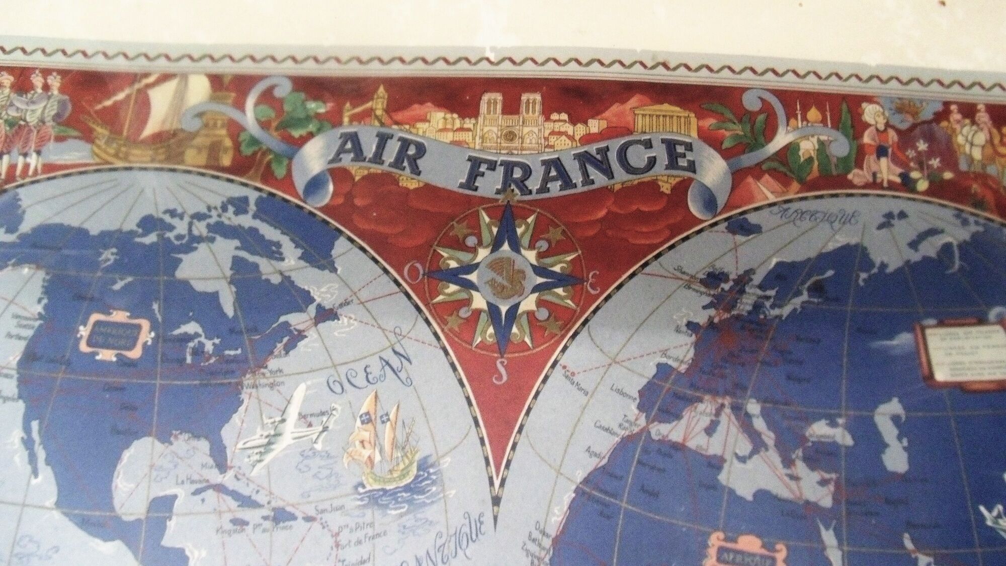Old card Air France 1950 shown by Lucien Boucher planisphere