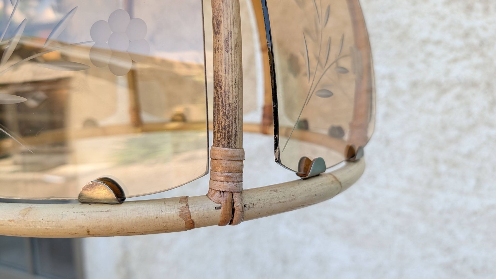 Vintage rattan and smoked glass pendant – 1970s